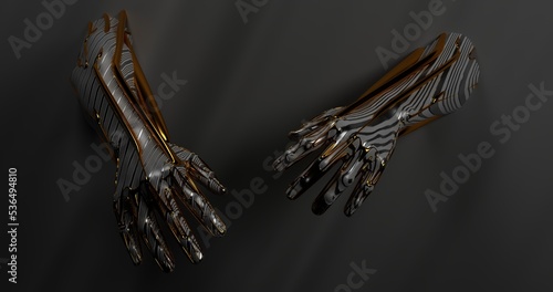 beautiful male hands of an athlete, bodybuilder made of futuristic material, metal, liquid, gold. Fantasy. 3 d render