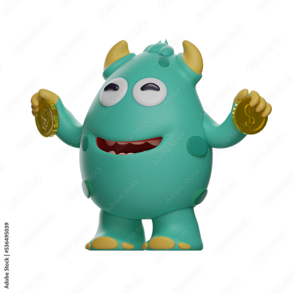3D illustration. 3D Cute Monster Cartoon Characters have gold coins. both hands wide open. showing a happy smile. 3D Cartoon Character 3D illustration. 3D Cute Monster Cartoon Characters have gold coins. both hands wide open. showing a happy smile. 3D Cartoon Character