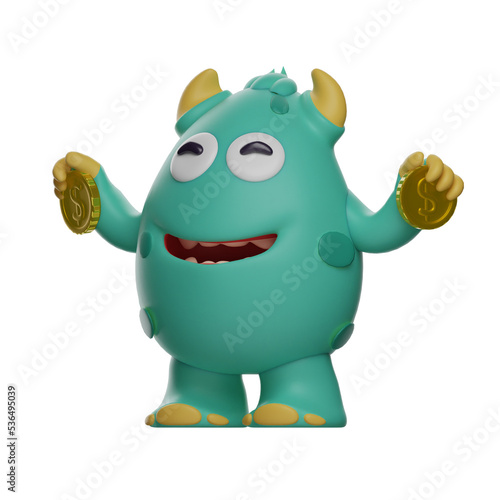3D illustration. 3D Cute Monster Cartoon Characters have gold coins. both hands wide open. showing a happy smile. 3D Cartoon Character