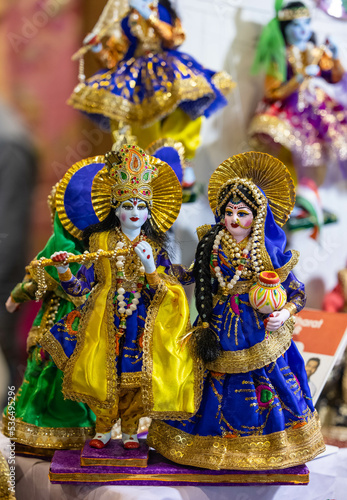 Lord Krishna and Radha idol of jute work made by hand in display.