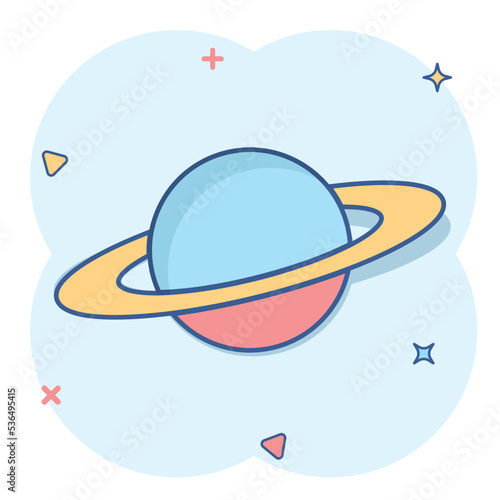 Saturn icon in comic style. Planet vector cartoon illustration on white isolated background. Galaxy space business concept splash effect.