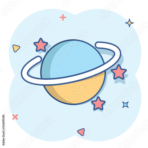 Saturn icon in comic style. Planet vector cartoon illustration on white isolated background. Galaxy space business concept splash effect.