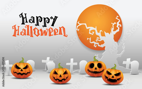 Happy Halloween. Group of 3D illustration pumpkin on treat or trick fantasy fun party celebration white background design.