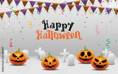 Happy Halloween. Group of 3D illustration pumpkin on treat or trick fantasy fun party celebration white background design.