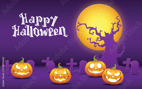 Happy Halloween. Group of 3D illustration pumpkin on treat or trick fantasy fun party celebration purple background design.