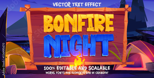 Midsummer holiday fire festival poster. Bonfire night editable text effect. Colorful cartoon flame sign. Burning flaming campfire. Fireplace in summer camp party banner template, flyer background.
