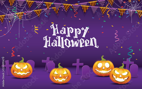 Happy Halloween. Group of 3D illustration pumpkin on treat or trick fantasy fun party celebration purple background design.