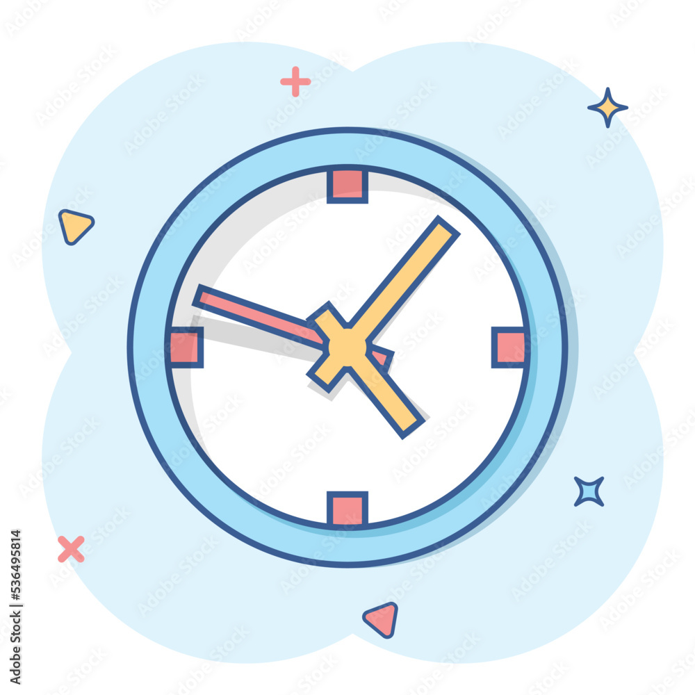 Clock sign icon in comic style. Time management vector cartoon illustration on white isolated background. Timer business concept splash effect. Clock sign icon in comic style. Time management vector cartoon illustration on white isolated background. Timer business concept splash effect.