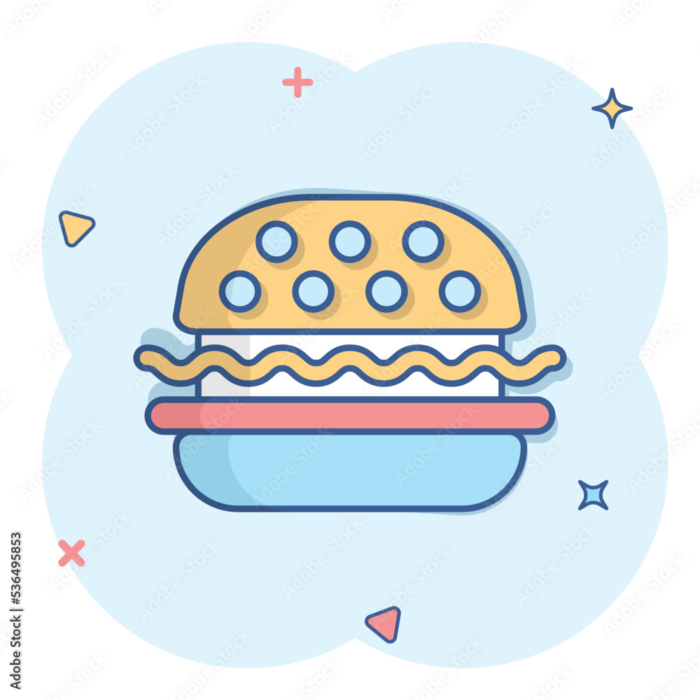Burger sign icon in comic style. Hamburger vector cartoon illustration on white isolated background. Cheeseburger business concept splash effect. Burger sign icon in comic style. Hamburger vector cartoon illustration on white isolated background. Cheeseburger business concept splash effect.