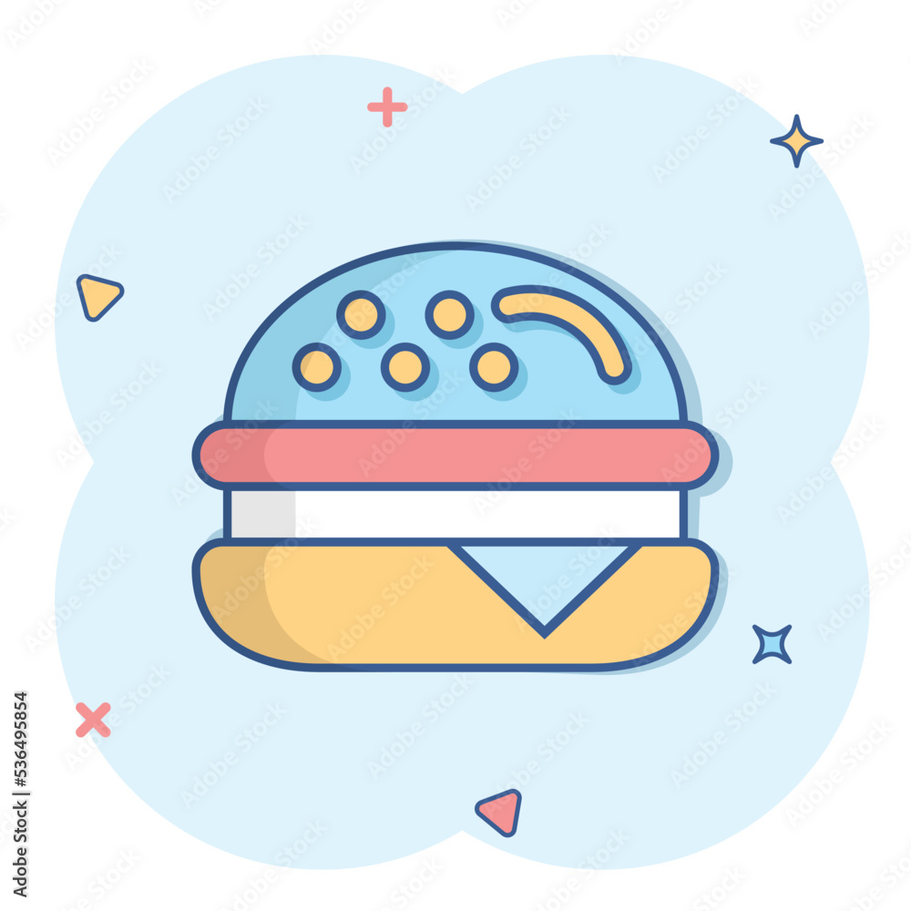 Burger sign icon in comic style. Hamburger vector cartoon illustration on white isolated background. Cheeseburger business concept splash effect. Burger sign icon in comic style. Hamburger vector cartoon illustration on white isolated background. Cheeseburger business concept splash effect.