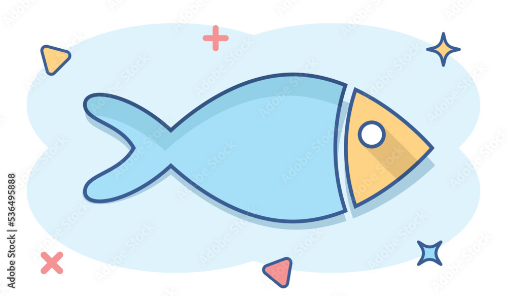 Naklejka premium Fish sign icon in comic style. Goldfish vector cartoon illustration on white isolated background. Seafood business concept splash effect.