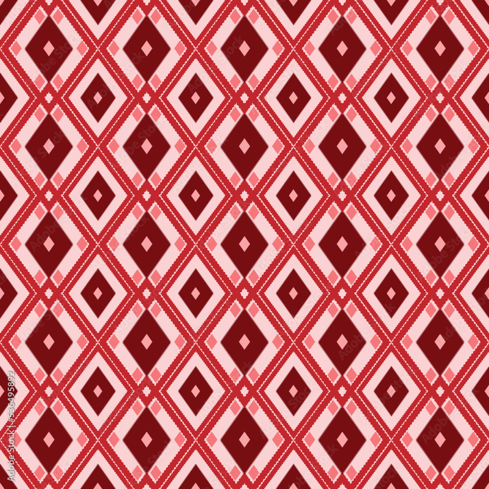 Geometric dark red diamond triangle shape seamless pattern on light pink background. Ornate ethnic line fabric seamless patterns vector modern retro design for textile, wallpaper, clothing, backdrop. Geometric dark red diamond triangle shape seamless pattern on light pink background. Ornate ethnic line fabric seamless patterns vector modern retro design for textile, wallpaper, clothing, backdrop.