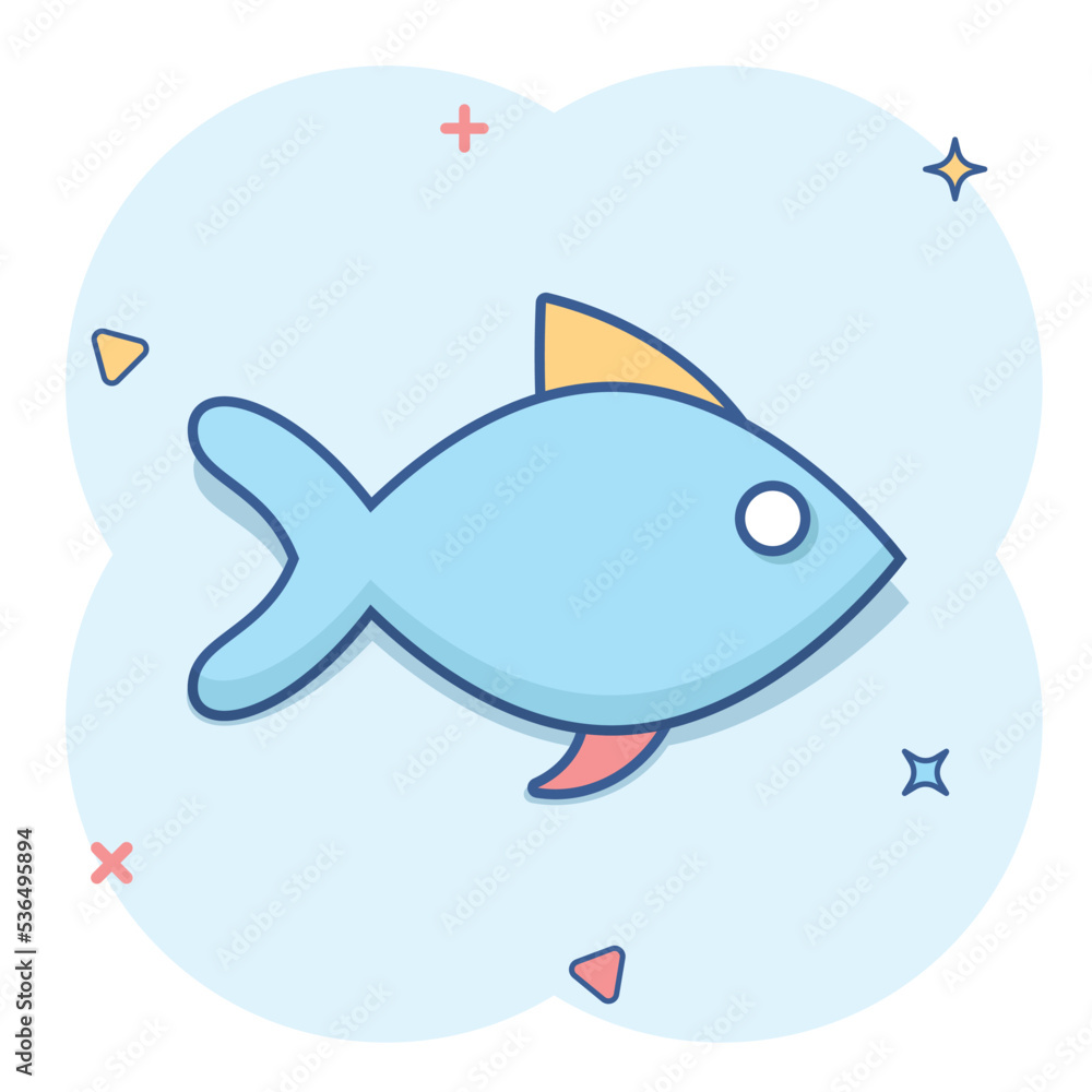 Fish sign icon in comic style. Goldfish vector cartoon illustration on white isolated background. Seafood business concept splash effect. Fish sign icon in comic style. Goldfish vector cartoon illustration on white isolated background. Seafood business concept splash effect.