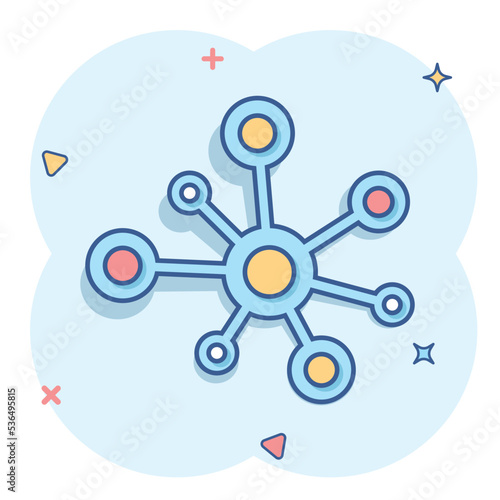 Hub network connection sign icon in comic style. Dna molecule vector cartoon illustration on white isolated background. Atom business concept splash effect.