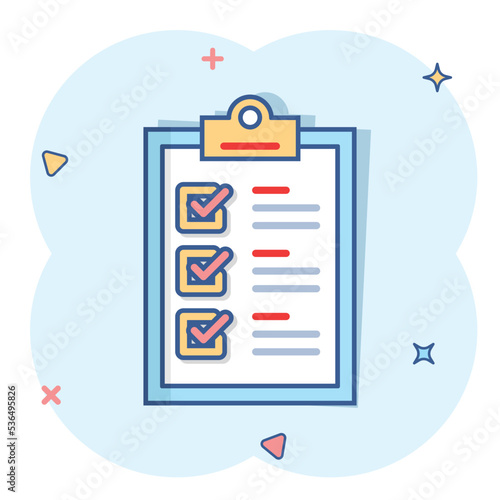 Checklist clipboard sign icon in comic style. Document list vector cartoon illustration on white isolated background. Questionnaire notepad business concept splash effect.