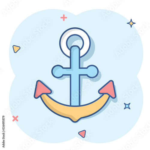 Boat anchor sign icon in comic style. Maritime equipment vector cartoon illustration on white isolated background. Sea security business concept splash effect.