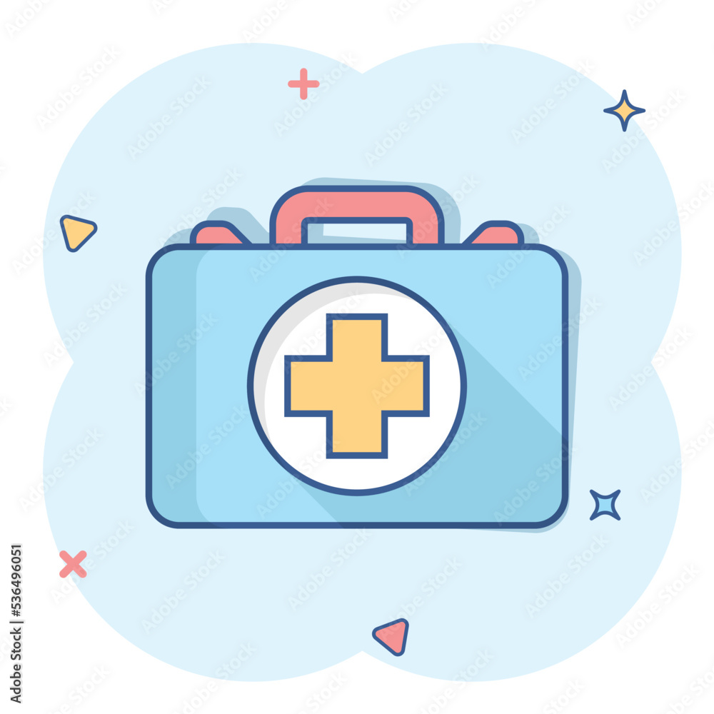 Obraz premium First aid kit icon in comic style. Health, help and medical diagnostics vector cartoon illustration on white isolated background. Doctor bag business concept splash effect.