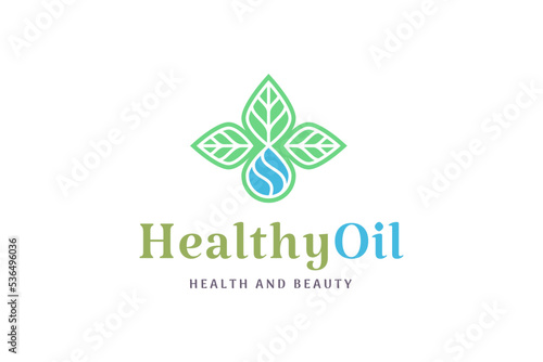 health and beauty logo with leaf shape and oil or liquid drop