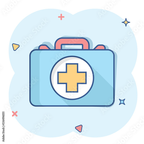 First aid kit icon in comic style. Health, help and medical diagnostics vector cartoon illustration on white isolated background. Doctor bag business concept splash effect.