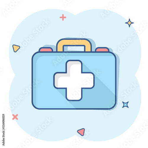 First aid kit icon in comic style. Health, help and medical diagnostics vector cartoon illustration on white isolated background. Doctor bag business concept splash effect.