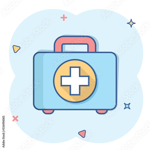 First aid kit icon in comic style. Health, help and medical diagnostics vector cartoon illustration on white isolated background. Doctor bag business concept splash effect.