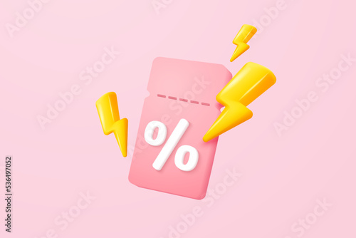 3D thunder bolt icons with coupon for sales and shopping online, discount coupon of cash. flash lightning on time alert notice special offer promotion. 3d price tags icon vector render illustration