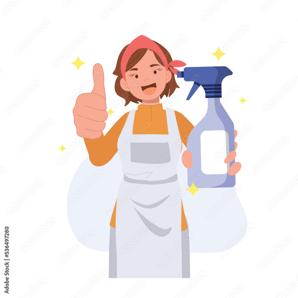 Fototapeta premium Happy smiling housekeeper raise thumb fingers up approving good quality cleaning detergent product. Vector illustration.
