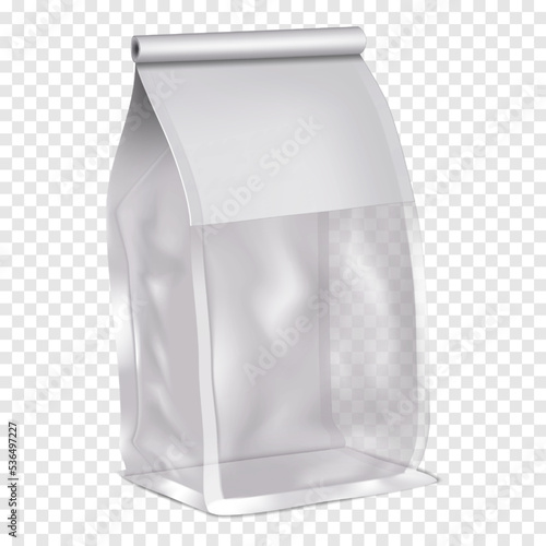 Closed tin tie bag with clear plastic window on transparent background vector mockup. Resealable blank package mock-up