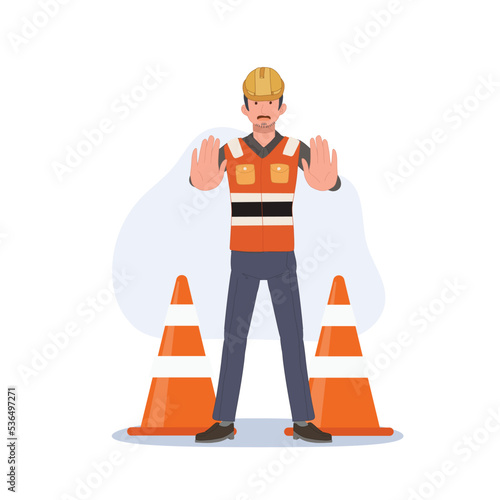Man engineer doing NO STOP hand sign gesture, with Traffic Cone. No entry do not enter. Vector illustration