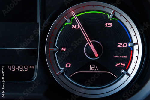 Rev counter of a truck, in the lower part of the green zone, where consumption is more economical.