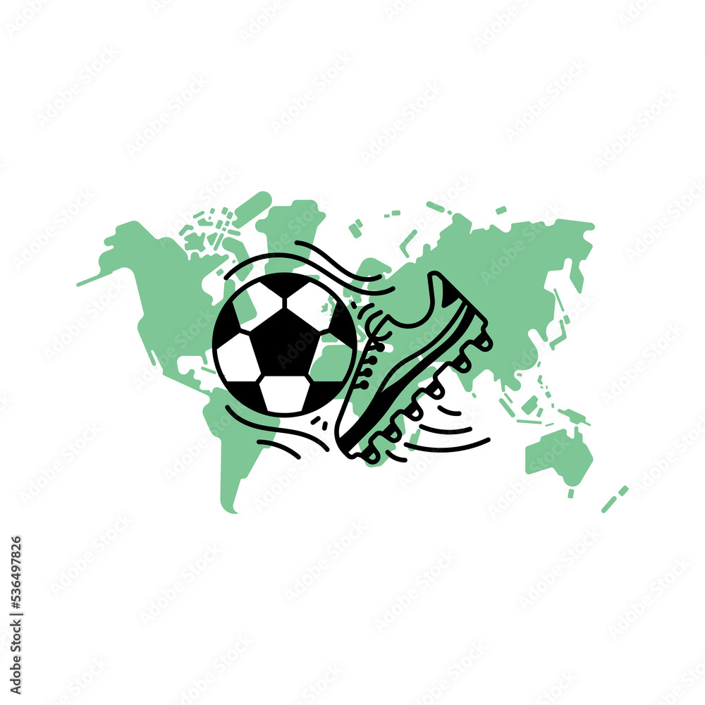Obraz premium Illustration of simple icon shoes and ball and world map icon background. Football concept.
