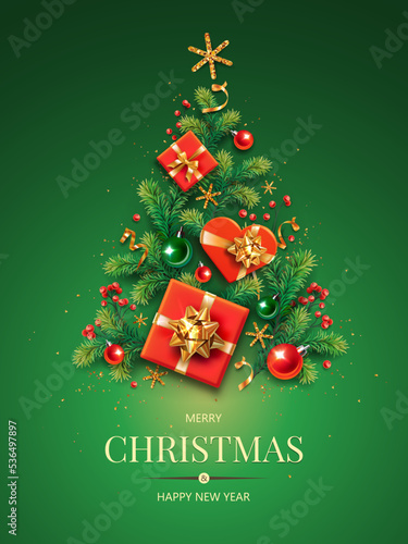 Vertical banner with green and red Christmas symbols and text. Christmas tree with gifts, balls, golden tinsel confetti and snowflakes on green background. 
