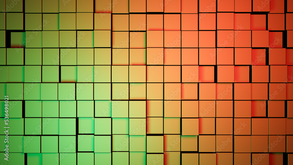 Fototapeta premium Shifted green orange red metallic floor tiles or square cubes abstract 3D background, interior pattern wallpaper, flat lay view from directly above