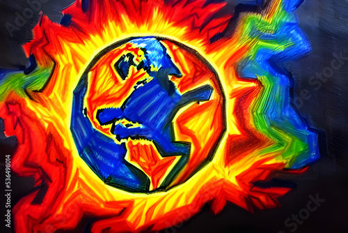 Burning world west hemisphere painted by a child with crayons - children drawing - end of the world - death planet - apocalypse - global warming - war -  nuclear holocaust - annihilation  