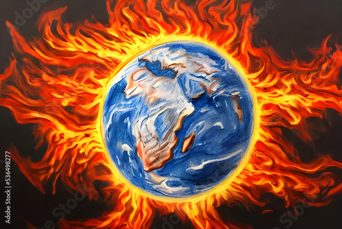 Burning earth globe painted by a child with crayons - children drawing - end of the world - death planet - apocalypse - global warming - war - nuclear holocaust - annihilation 