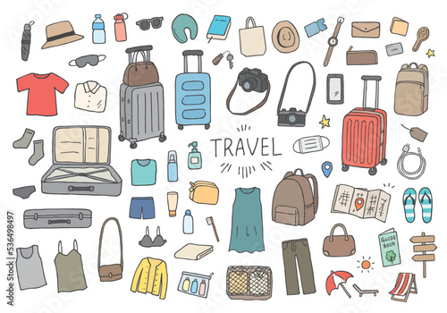 旅行の持ち物にまつわる手描きイラスト（カラー）