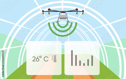 Illustration of smart farm with drone control in greenhouse. Innovation technology for agricultural company. Data visualisation, weather infographic. Template for web, print, report.