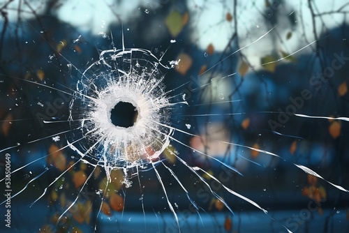 abstract simulation blurred view of the city bullet holes on the window glass, shooting war background attack photo