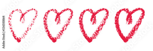 Isolated Hearts Painted in Red Lipstick. Textured Symbol of Love. Design Element for Valentine Day Holiday. Hand Drawn Style. White background. Vector illustration for Beauty and Romantic Design.
