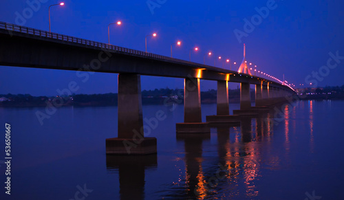 Bridge over the Great River at night soft focus building