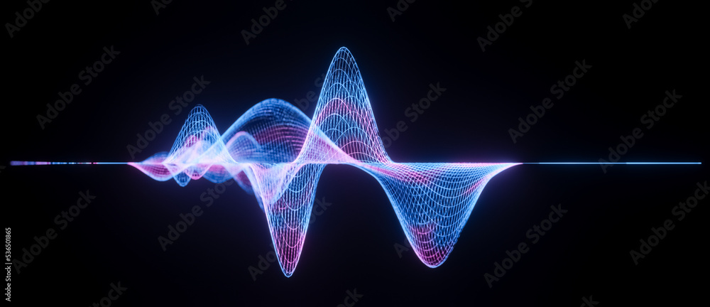 Illustration of abstract blue pink wireframe sound waves, visualization of frequency signals audio wavelengths, conceptual futuristic technology waveform background with copy space for text - obrazy, fototapety, plakaty 