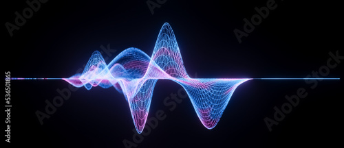 Illustration of abstract blue pink wireframe sound waves, visualization of equalizer frequency signals audio wavelengths, conceptual futuristic technology waveform background with copy space for text photo