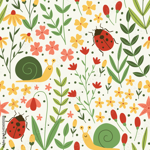 Vector floral seamless pattern with snail, ladybug. Wild flowers on beige background. Beautiful summer floral repeat background. Floral print design for textiles, wrapping paper, gift paper, fabric.