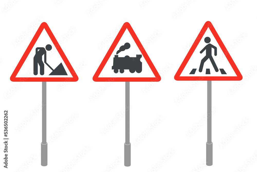 Illustration of traffic signs. Beware of obstacles, pedestrian crossings