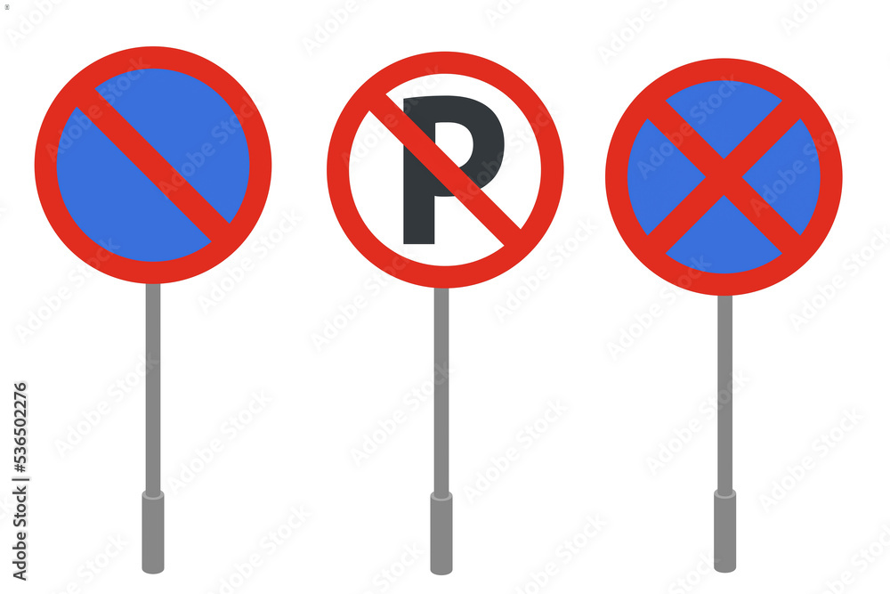 Illustration of traffic signs. Prohibition sign. Warning sign. Traffic sign prohibiting parking. Illustration of traffic signs. Prohibition sign. Warning sign. Traffic sign prohibiting parking.
