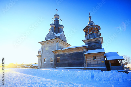 wooden church in the Russian north landscape in winter, architecture historical religion Christianity photo