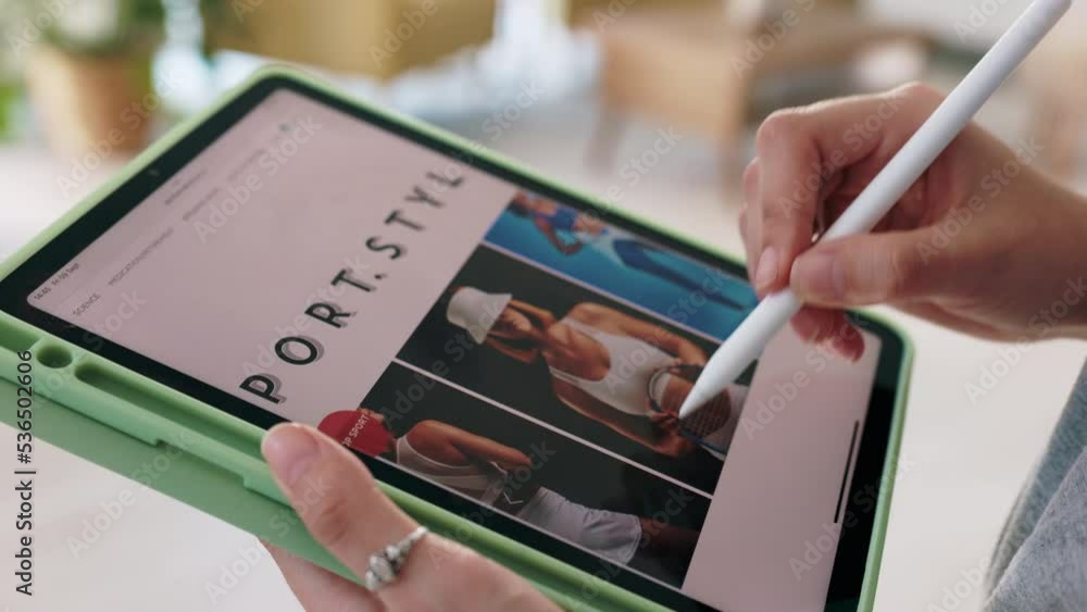 Hands, web designer and tablet for fashion business website project in digital startup technology agency. Creative UX or UI website developer girl scroll on mobile device for style brand company