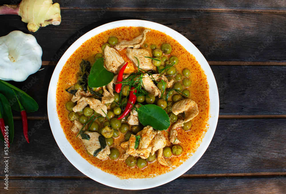 Pork Panang Curry in a Plate Spicy Thai food, Side dishes, spices, ingredients for cooking Pork Panang Curry in a Plate Spicy Thai food, Side dishes, spices, ingredients for cooking