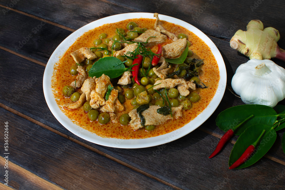 Pork Panang Curry in a Plate Spicy Thai food, Side dishes, spices, ingredients for cooking Pork Panang Curry in a Plate Spicy Thai food, Side dishes, spices, ingredients for cooking
