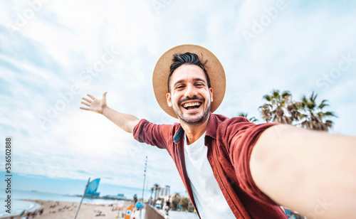 Photography Handsome man taking selfie in Barcelona city, Spain